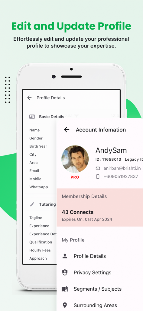 MyPrivateTutor Educator - Interface do aplicativo MyPrivateTutor Educador exibindo a edição do perfil profissional e informações da conta para tutores.