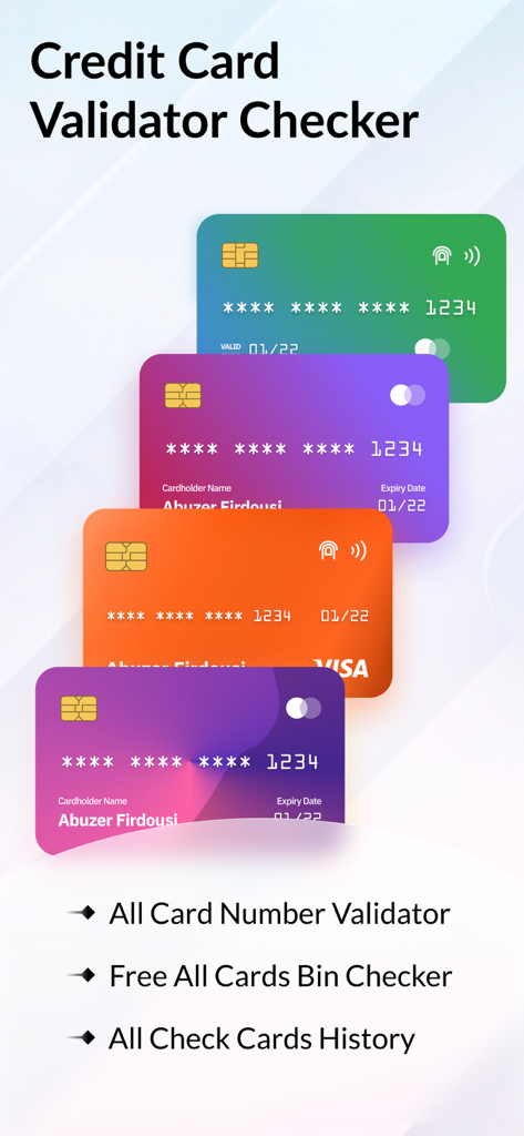 NFC Reader - Mobile Wallet - Interface showing credit card number validator and BIN checker features with colorful digital card icons