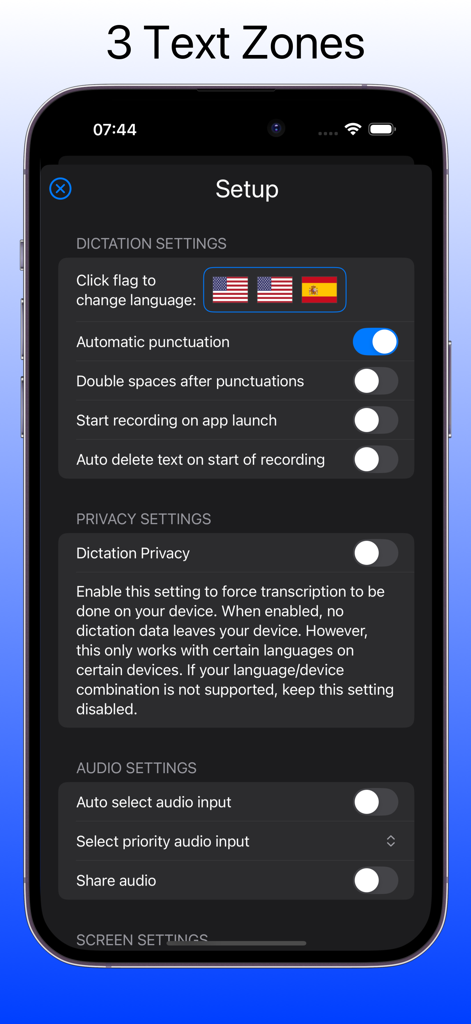 Setup menu of the dictation app showing language zones and privacy settings