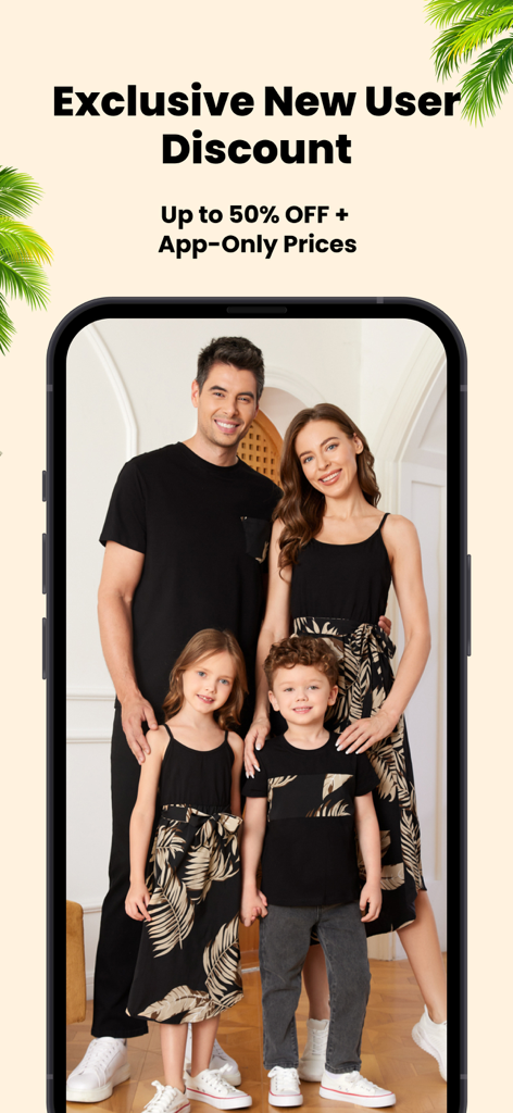 A family of four wearing coordinated black and tropical print outfits on a PatPat promotional screen offering an exclusive new user discount.
