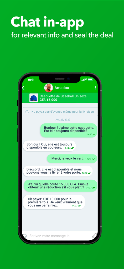 Jiji Sénégal - In-app chat interface of Jiji Senegal showing a buyer and seller negotiating a purchase in French