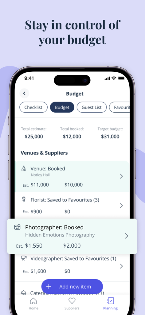 Tracker del budget per matrimoni dell'app Bridebook che mostra stime totali e costi dei fornitori prenotati