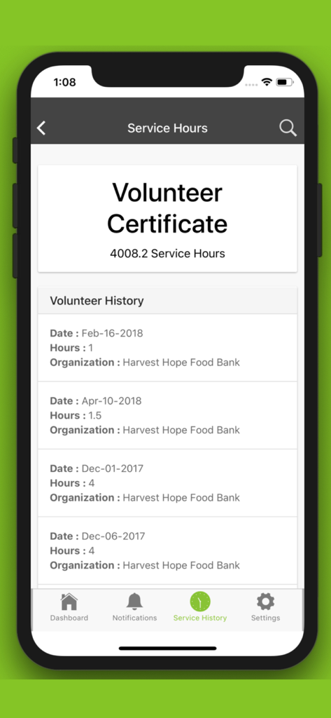 VolunteerMark app interface showing a list of logged service hours and total volunteer history.