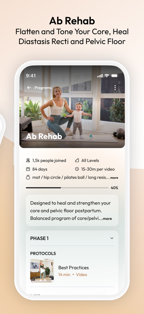 Natal - Pregnancy & Postpartum - Natal app interface displaying the Ab Rehab program for postpartum core and pelvic floor recovery