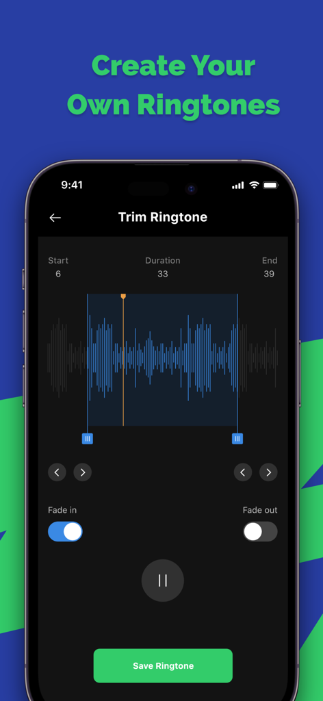 Ringtone Maker - AI Tune - Mobile app interface for trimming audio to create custom ringtones with waveform and fade controls