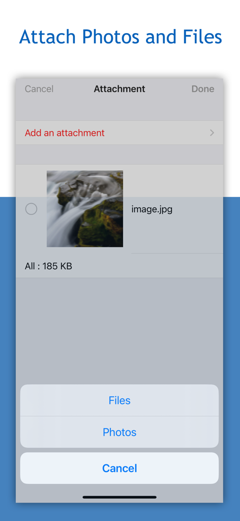 Group RCS SMS and Email - Oberfläche der Group RCS SMS und E-Mail-App, die zeigt, wie Fotos und Dateien an eine Nachricht angehängt werden