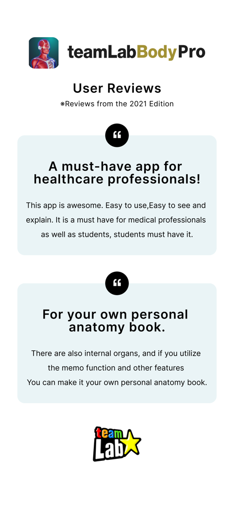 User reviews for teamLab Body Pro 3D anatomy app highlighting its benefits for healthcare professionals and students