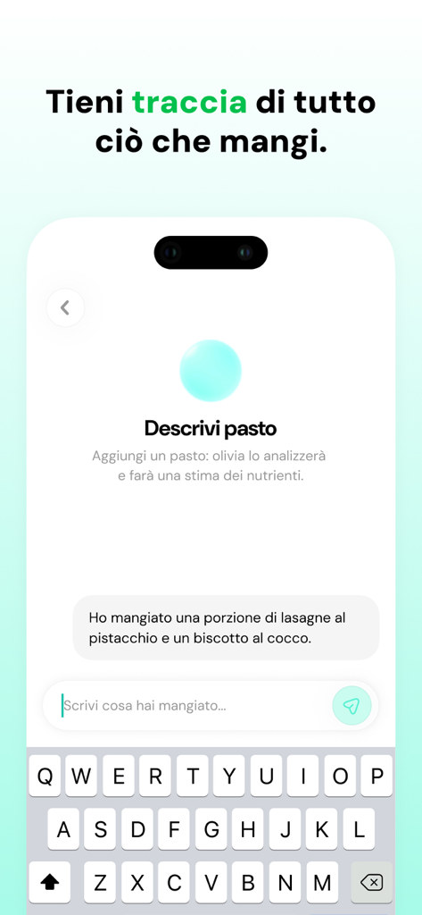 olivia: ricette su misura - Olivia app chat interface for tracking meals through natural language description