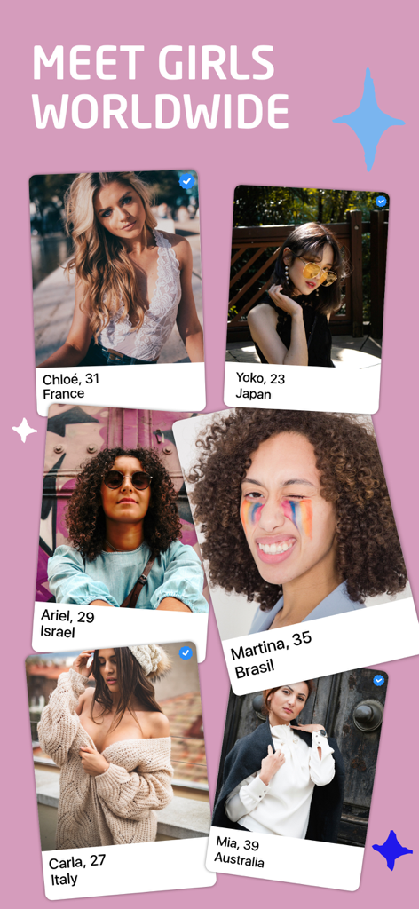 PINK - Women Chat & Community - Una captura de pantalla de la aplicación PINK que muestra perfiles de mujeres diversas de todo el mundo bajo el encabezado Conoce Chicas de Todo el Mundo.