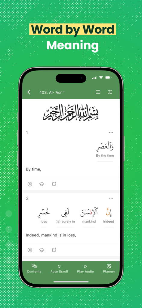 Screenshot of Al Quran app showing word-by-word Arabic to English translation for Surah Al-Asr