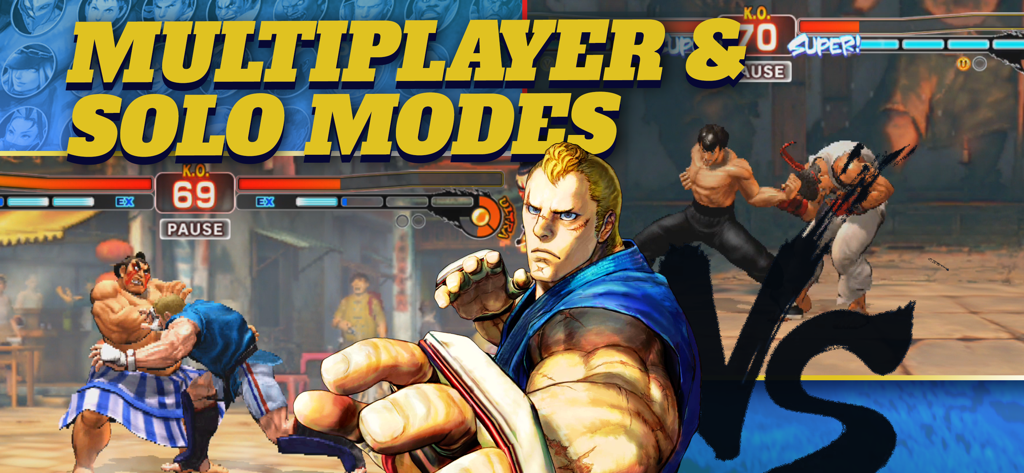 Street Fighter IV CE promotional image featuring multiplayer and solo modes with characters Abel Ryu and Fei Long in combat