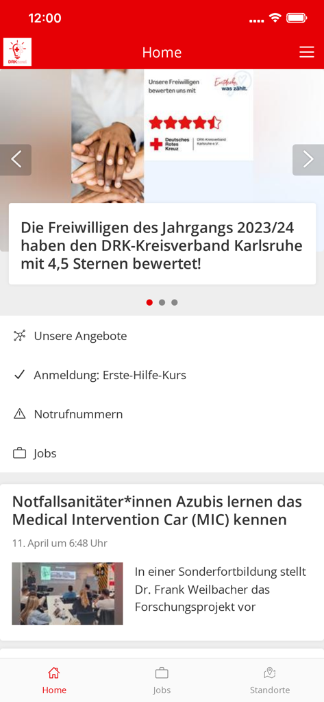 DRKnow! - Home screen of the DRKnow app for DRK Karlsruhe featuring services news and job listings