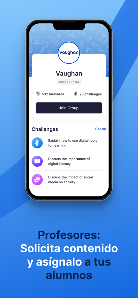 Vaughan TalkMaster - Vaughan TalkMaster app screen showing a group join feature and list of speaking challenges for digital tools and social media impact.