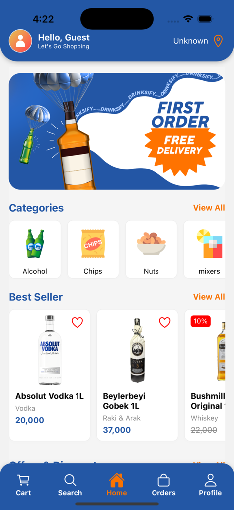 Drinksify - Liquor Delivery - Drinksify mobile app home screen featuring liquor categories best selling spirits and a first order free delivery promotion