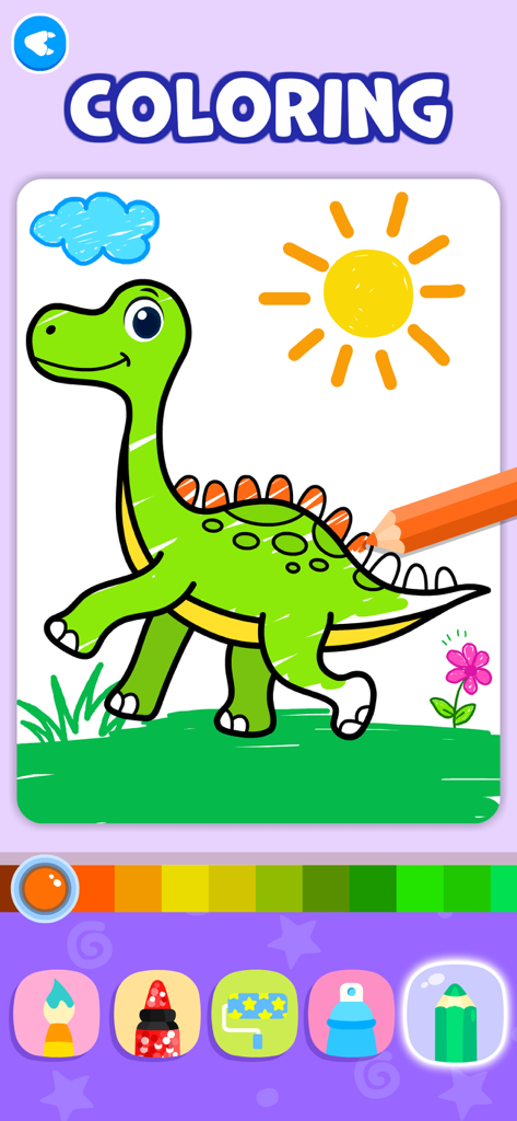 Toddler Games for 3 Year Olds• - A dinosaur coloring page in a toddler educational app with various drawing tools