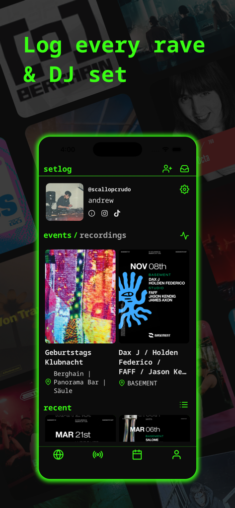 setlog - rave tracker - User profile on setlog app showing a history of attended rave events and DJ sets