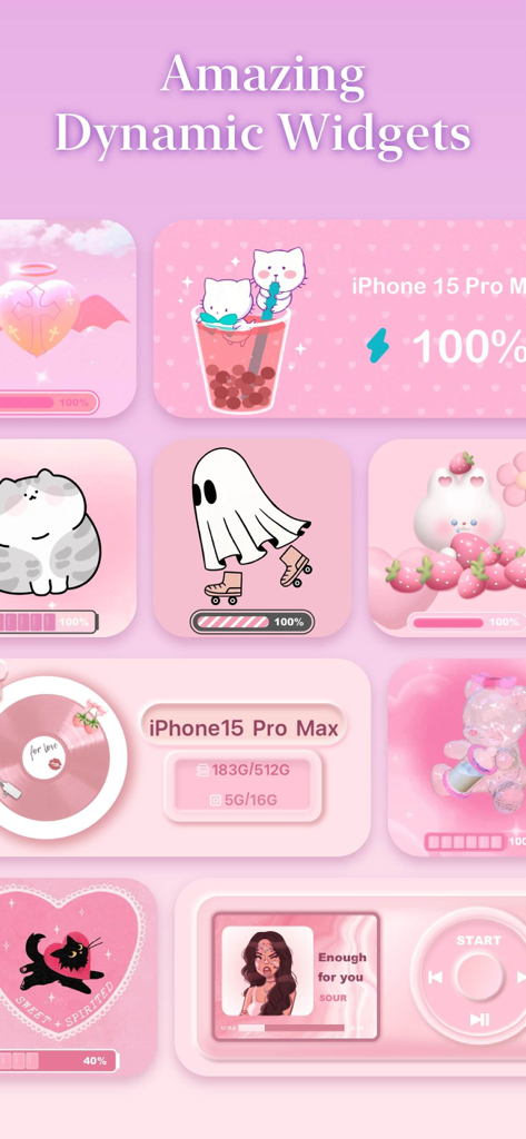 Una colección de widgets dinámicos estéticos en rosa para iPhone que incluyen reproductores de música, rastreadores de batería y personajes lindos