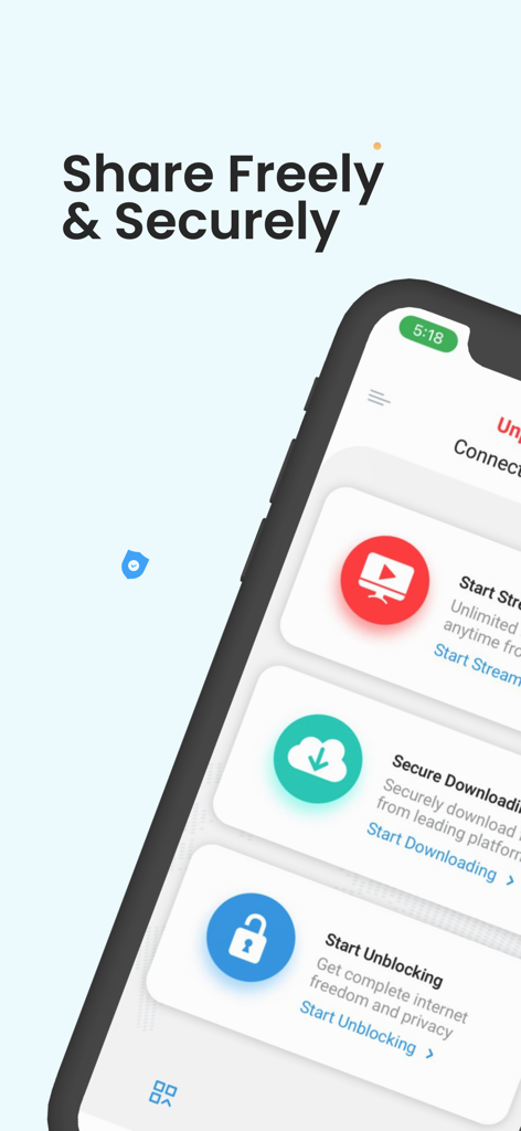 Interface de l'application IvacyVPN affichant les options de streaming, de téléchargement sécurisé et de déblocage de contenu.