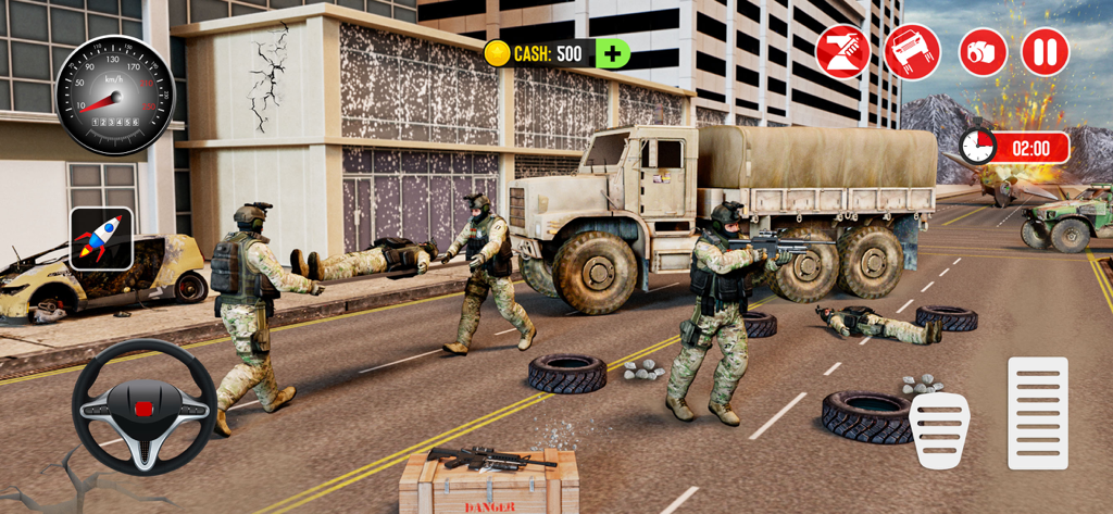 Military truck driving game scene with soldiers and transport vehicle