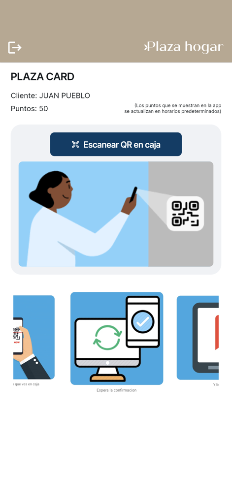 Plaza Hogar - Tela do aplicativo Plaza Hogar para o Plaza Card mostrando pontos de fidelidade e um botão de leitura de QR code para checkout na loja