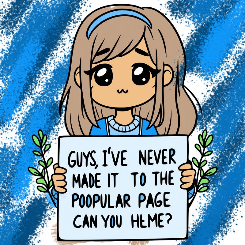 a girl holding up a sign that says, guys, i’ve never made it to the popular page, can you help me?
