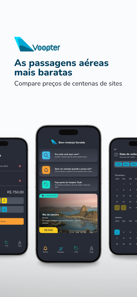 Voopter - Preços de Voos - Voopter mobile app screens showing flight price comparisons and price alerts for cheap travel