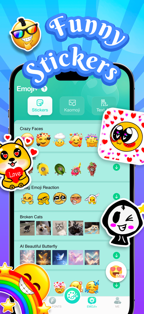 Pantalla de la aplicación Teclado Kika que muestra una biblioteca de stickers divertidos, memes de gatos y gráficos de mariposas generados por IA para chatear en redes sociales.