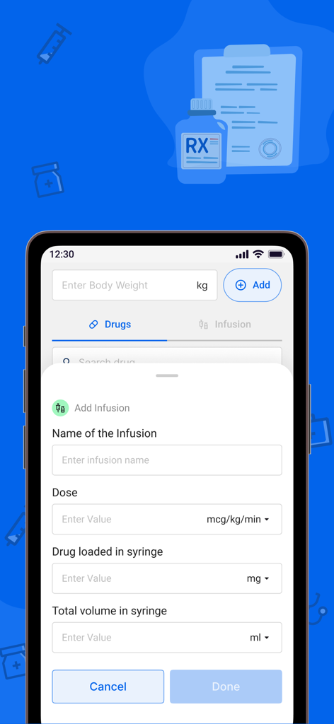 Dr. Med - Made Easy - Interface de l'application Dr Med pour ajouter des détails de perfusion de médicaments, y compris les calculs de dose et de volume