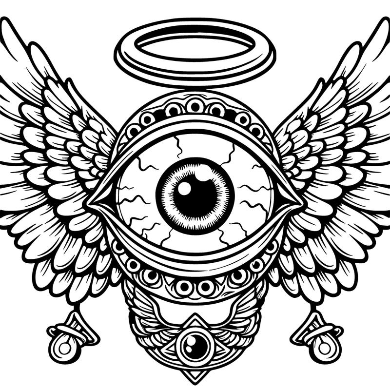 giant eye with rings of eyes around it and angel wings