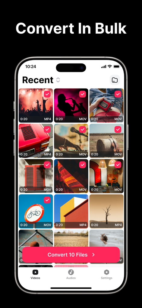 Video To Mp3 Converter - Media - Interface of the Video To Mp3 Converter app showing the bulk conversion feature with multiple videos selected on an iPhone