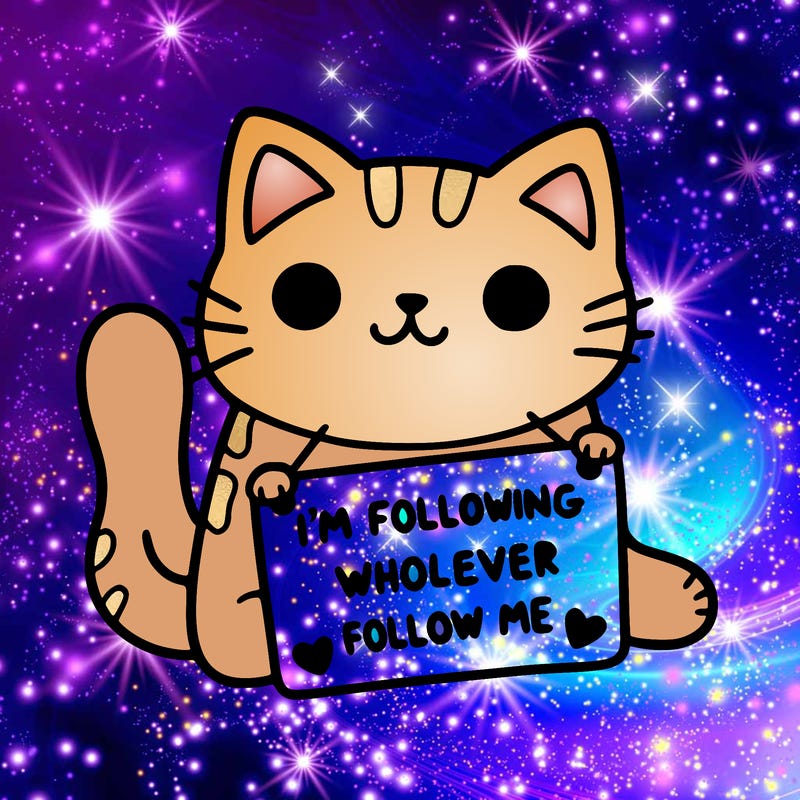 cat with a sign that says i’m following whoever follows me