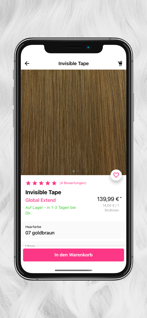 Página de producto de la aplicación Global Extend mostrando extensiones de cabello de cinta invisibles de color castaño dorado