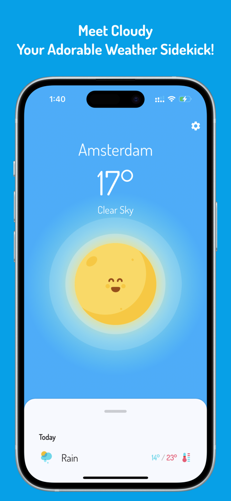 Cloudy - Cute Weather App - Cloudy weather app interface displaying 17 degrees in Amsterdam with a smiling kawaii sun character