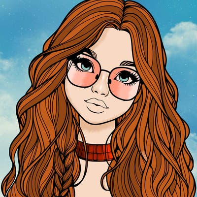 girl with long hair and freckles and glasses realistic