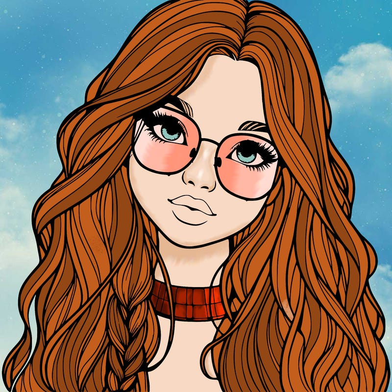 girl with long hair and freckles and glasses realistic