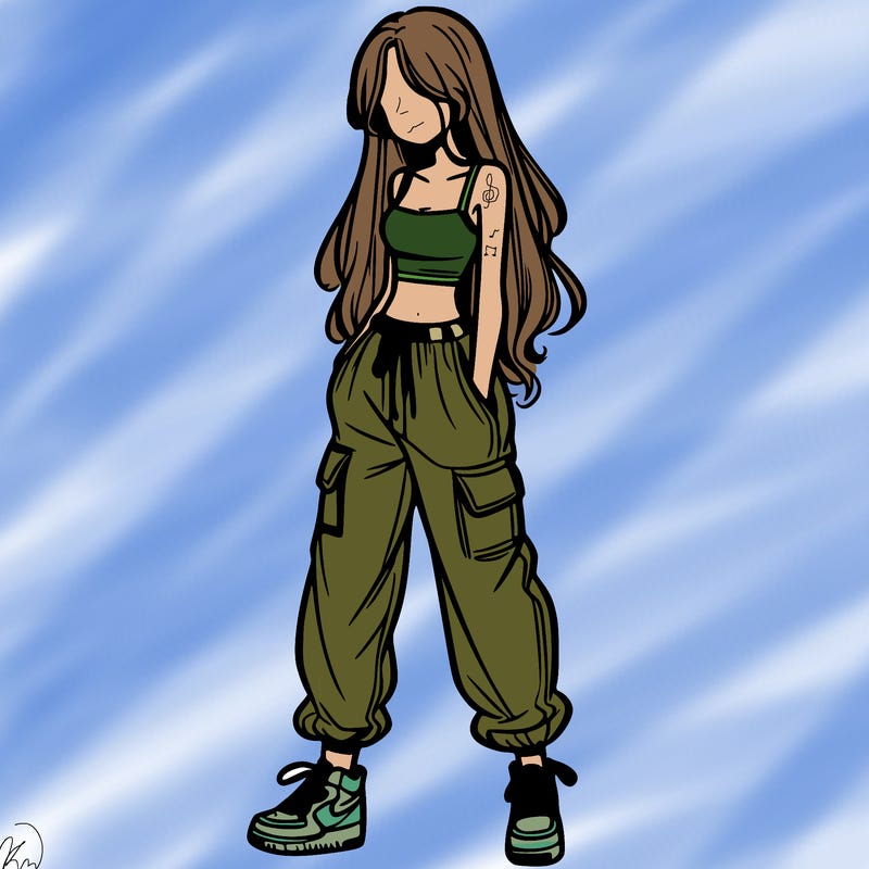 girl in baggy pants crop top and long hair