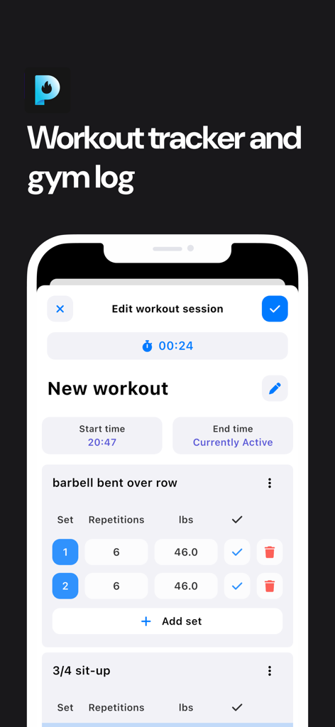 Pumped Workout Tracker Gym Log - Pumped app screen for logging gym workouts with sets repetitions and weights