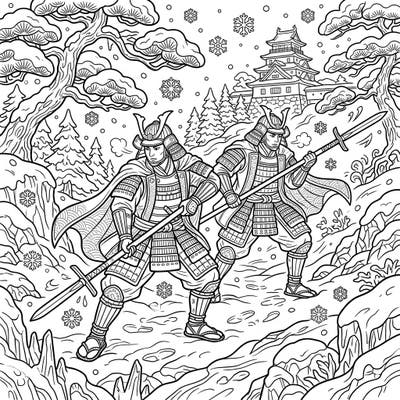 Immerse yourself in a thrilling historical scene with our Yari Spearsmen Winter coloring page. These formidable samurai warriors stand ready amidst a snowy Japanese landscape, offering a captivating challenge for your artistic skills.