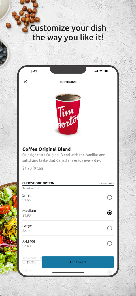 Hey Chef - Hey Chef mobile app interface showing customization options for a Tim Hortons coffee order.