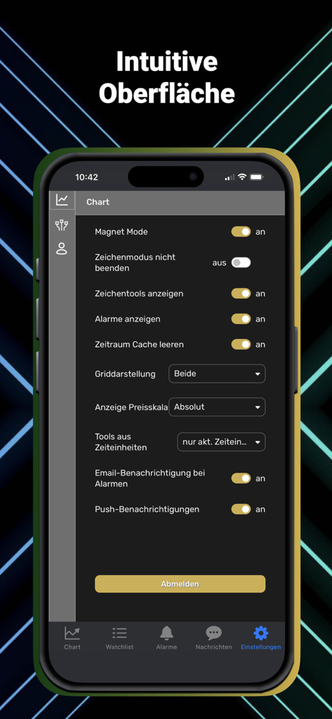 ANFIN - La pantalla de configuración de la aplicación ANFIN que muestra herramientas de trading personalizables y preferencias de notificación.