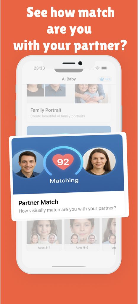 Baby Face Generator - Predict - A mobile app screen showing a partner match feature with a score of 92 between a man and a woman