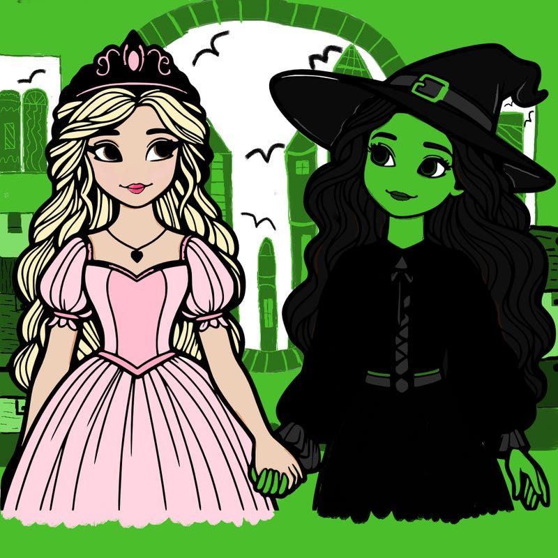 a princess and a witch holding hands realistic