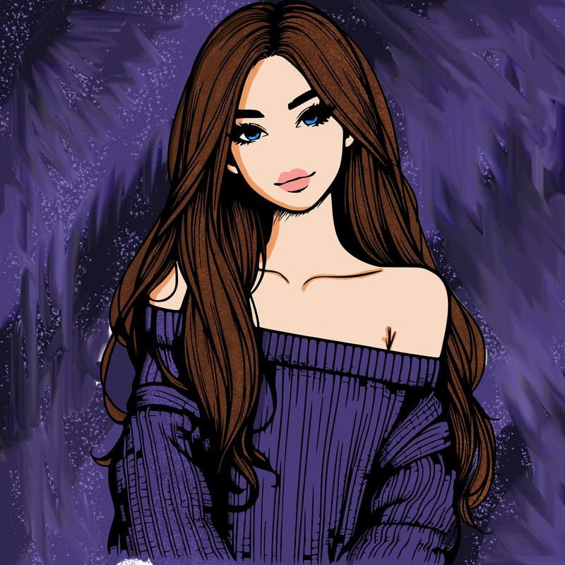 realistic girl with long hair wearing an off the shoulder sweater