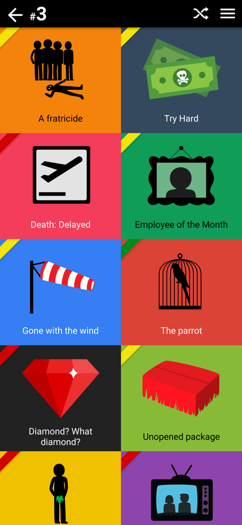 Dark Stories - Selection grid of various mystery stories with icons and titles in the Dark Stories game app.