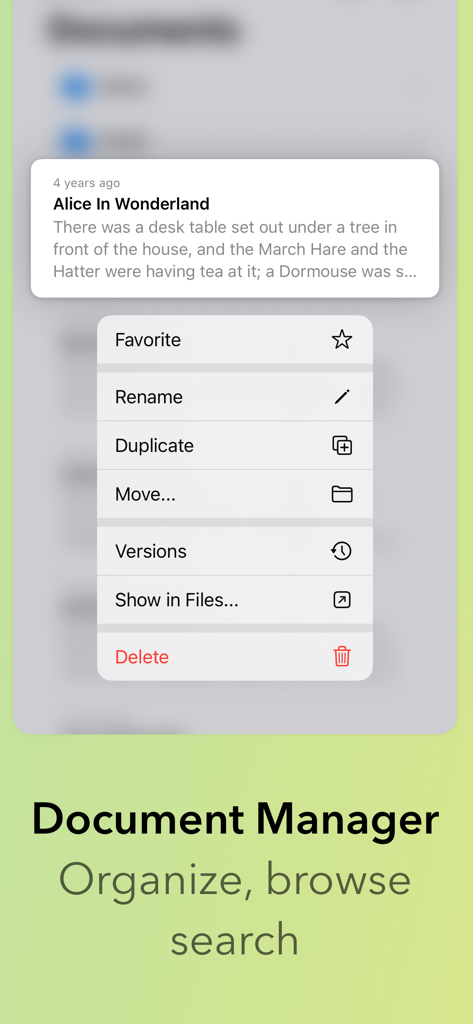 Interfaz del gestor de documentos de iWriter 2 que muestra un menú de archivos con opciones para renombrar, duplicar y mover documentos.