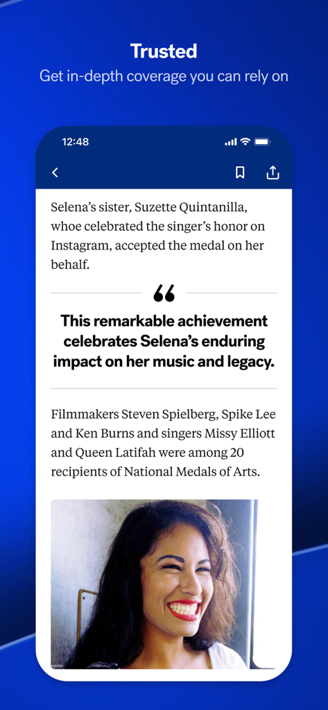 ABC7 Chicago News & Weather - ABC7 Chicago app screenshot showing an in-depth news article with a photo and text about Selena Quintanilla.