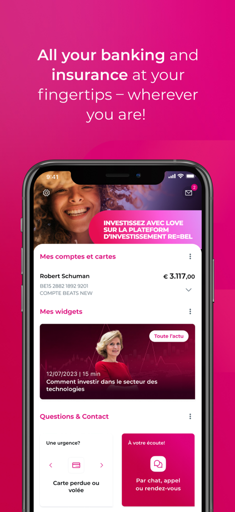 Interface de l'application mobile Belfius affichant le solde du compte et des widgets personnalisés
