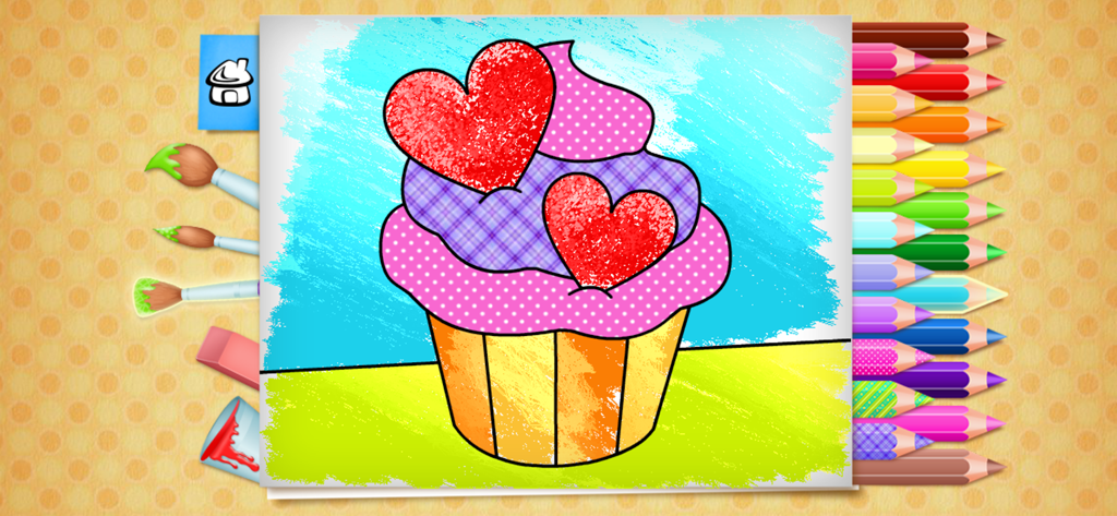 Coloring Book - Fun games - Interfaz del juego de libro de colorear con una ilustración de pastelito y herramientas de dibujo