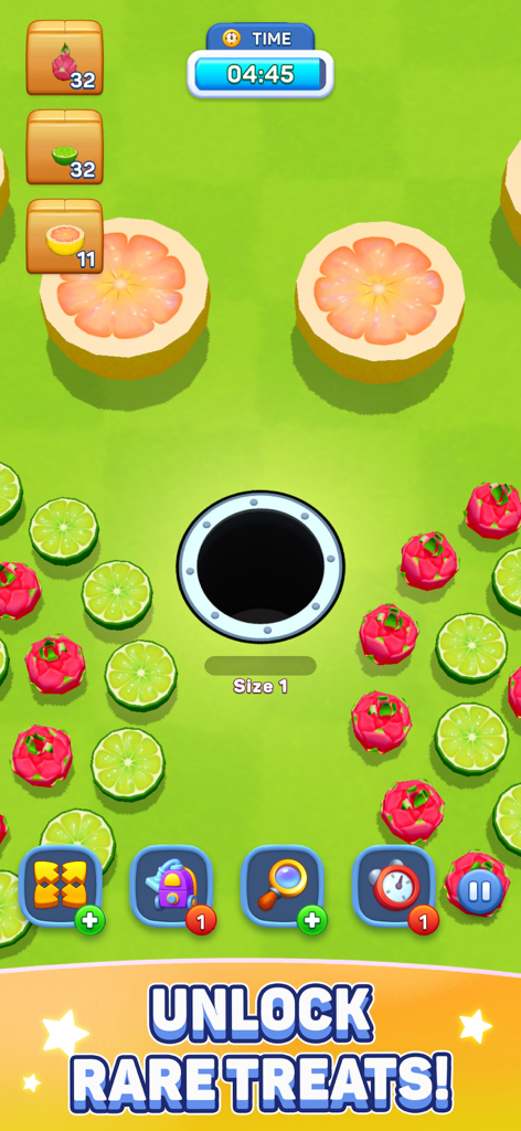 Hole Eats All - Gameplay of Hole Eats All featuring a black hole swallowing lime and dragon fruit slices on a green background