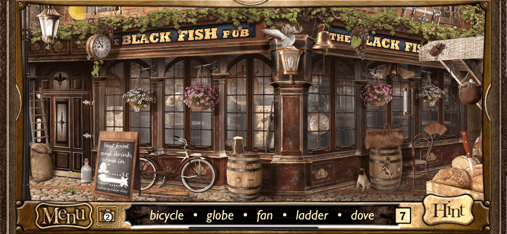 Hidden Objects Sherlock Holmes - A hidden object game scene outside a Victorian pub with a list of items to find including a bicycle and ladder.